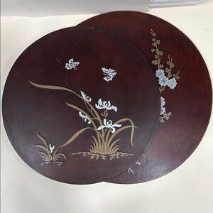 Round Asian Inspired Wooden Wall Art with Floral and Bird Designs Deep Contrast